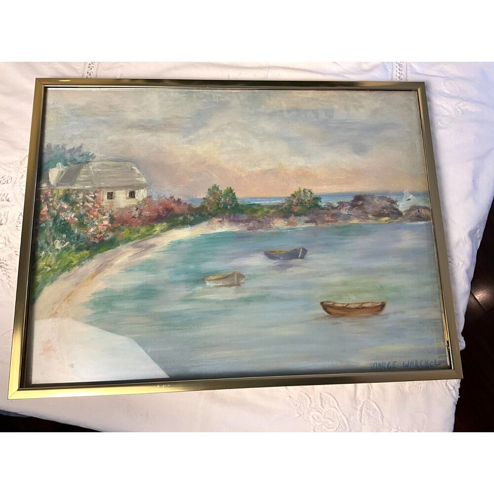 Vintage Original Coastal Seascape Painting Signed Marge Warchol Cottage Boats
